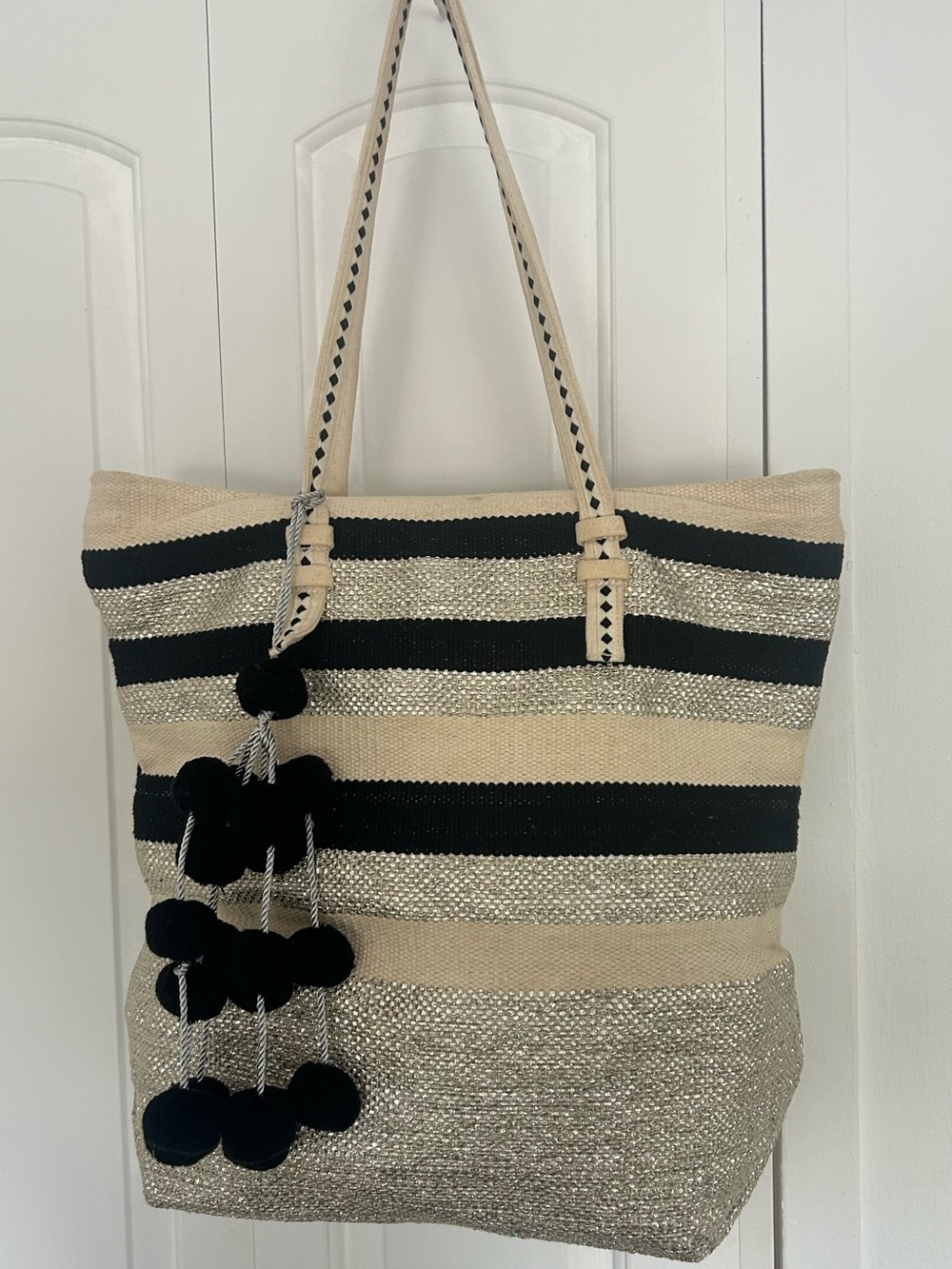 America & Beyond Beige and Black Striped Pom-Pom Tote Bag